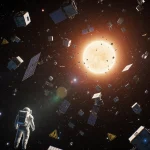 Astronaut floating with satellite swarm and glowing debris in space