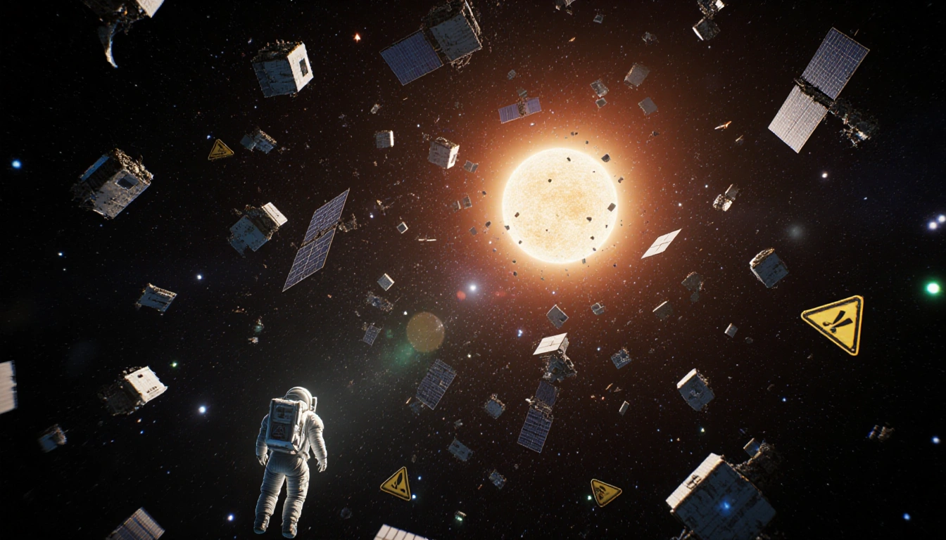 Astronaut floating with satellite swarm and glowing debris in space