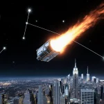 Satellite hurtling through space with fiery glow and a looming shadow over a modern cityscape Starlink stars in background