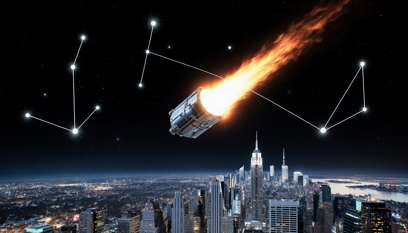 Satellite hurtling through space with fiery glow and a looming shadow over a modern cityscape Starlink stars in background