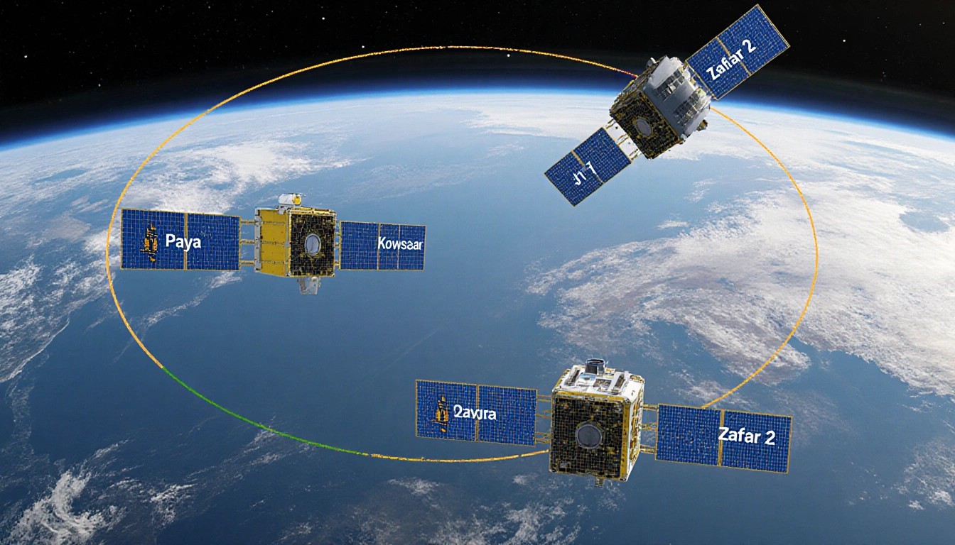 Satellites orbit Earth with sleek panels labeled Paya Kowsar Zafar-2 and subtle Earth surface below