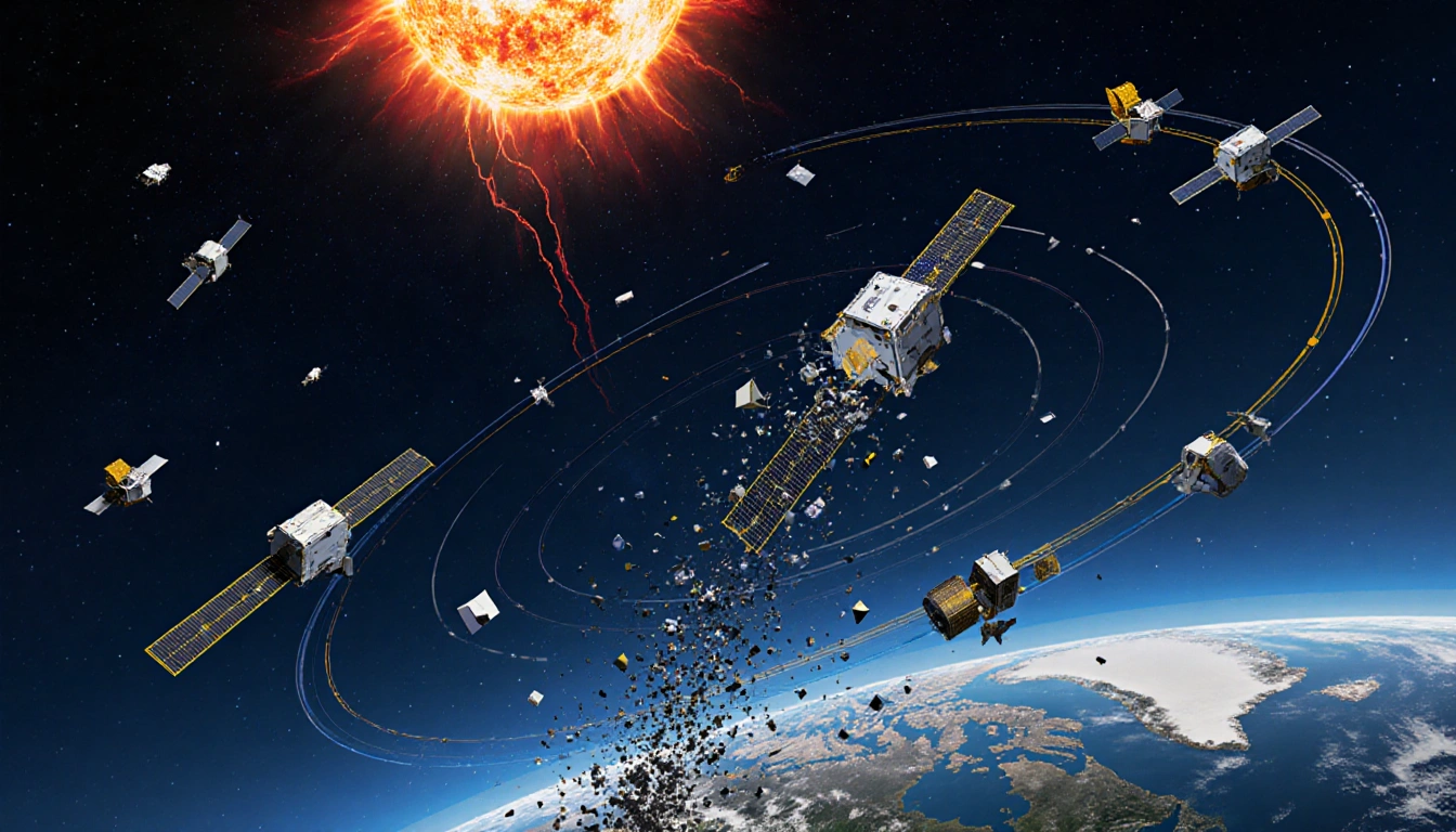 Satellites orbit Earth with a brewing solar storm and one breaking apart into space debris.