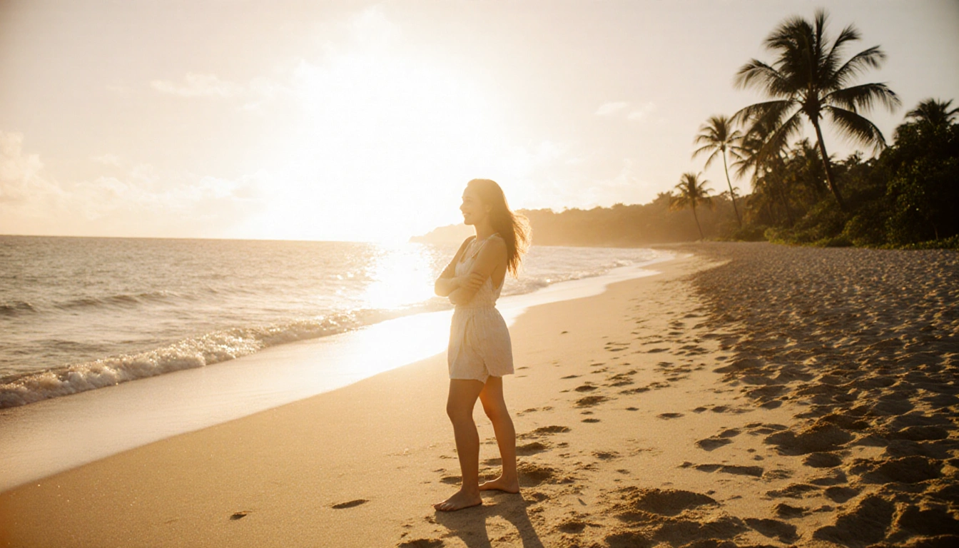 Savannah Louie standing on a beach with arms crossed and a smile as sunset lights her profile over golden sand palm trees