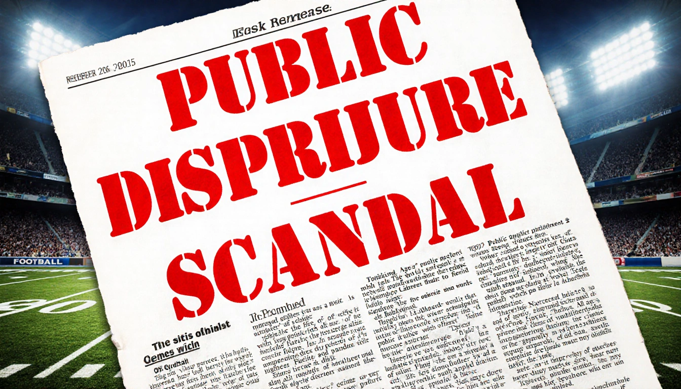 Newspaper clipping shows bold red headlines Public Disrepute and Scandal with blurred text and a football field background