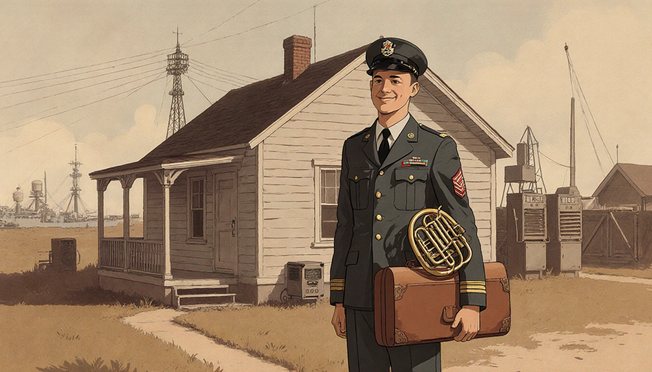 Schab smiling while holding a tuba case with a small barracks background showing serene quiet Pearl Harbor