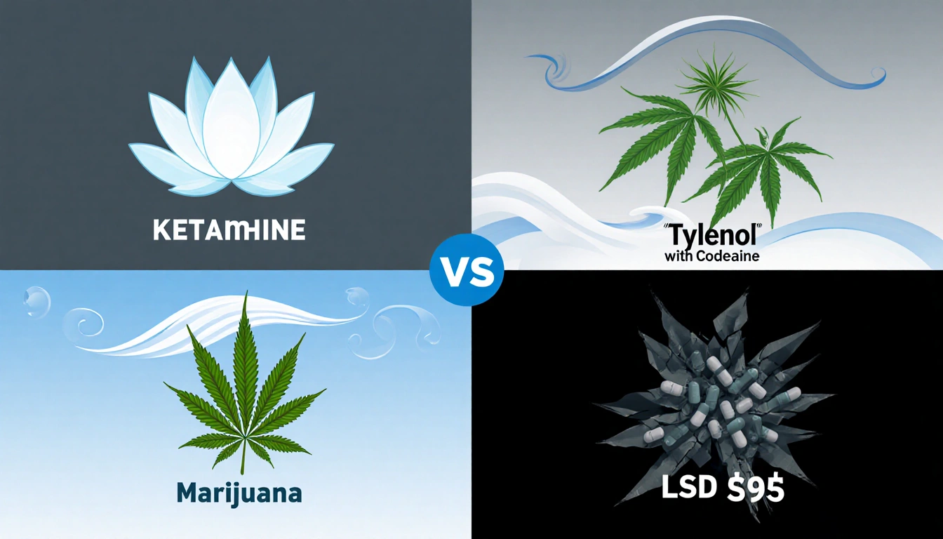 Lotus flowers of Schedule III substances sit with dark fragmented images of Schedule I substances on a blue-gray background.