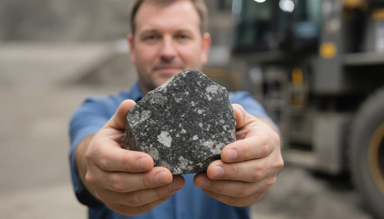 Joel Rheault holding up a flecked piece of schist with graphite deposits and a Titan's neutral gray background.