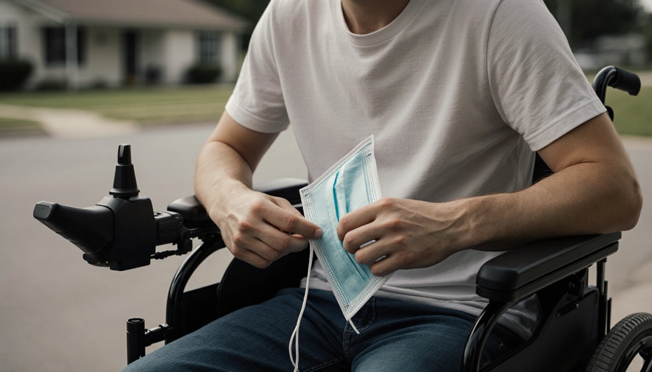 Mid-30s man holding electric wheelchair with one hand gripping surgical mask and the other tying it and house in background