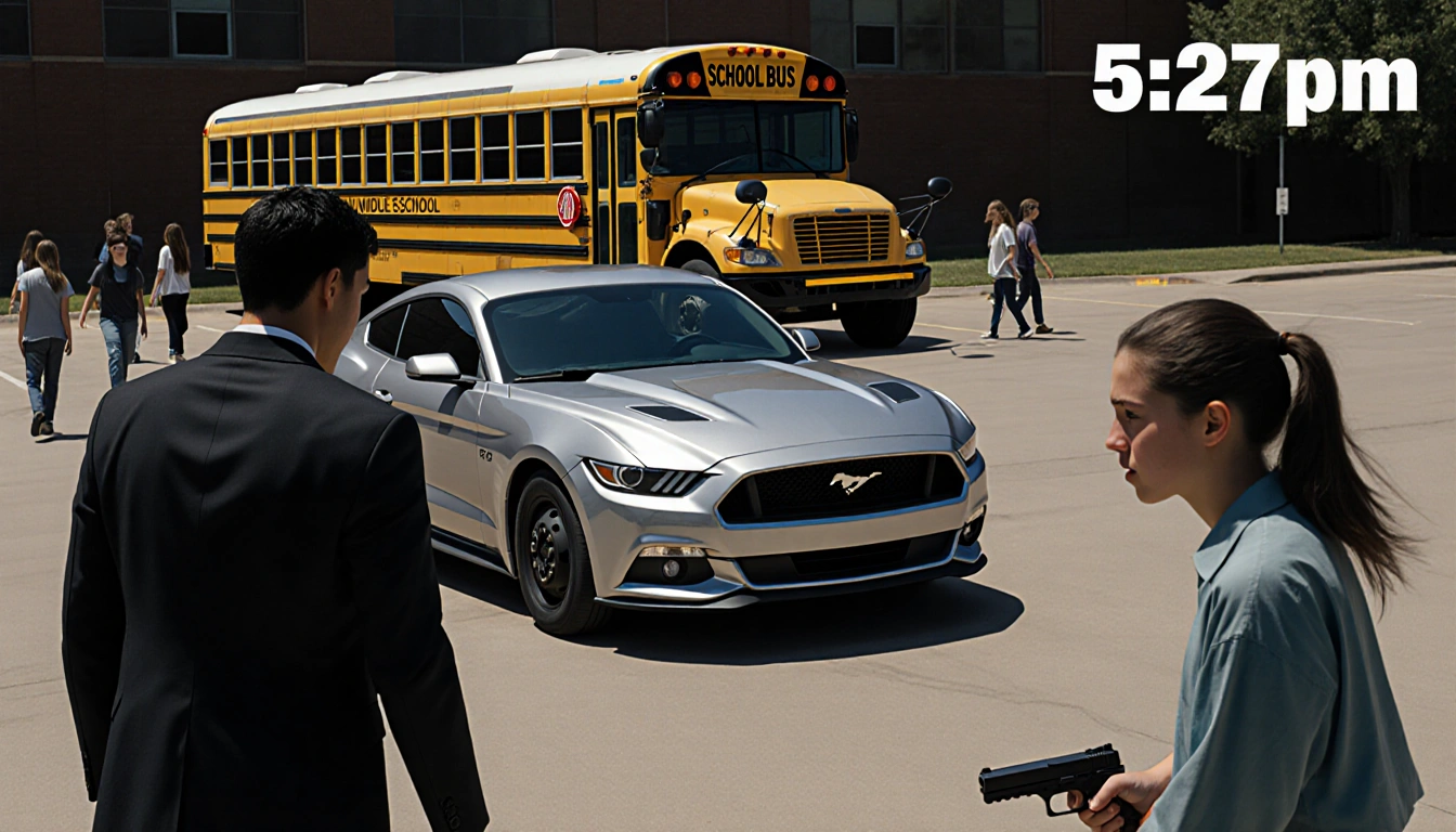 Student holding handgun with concerned driver approaching in school bus parking lot at 5:27 pm