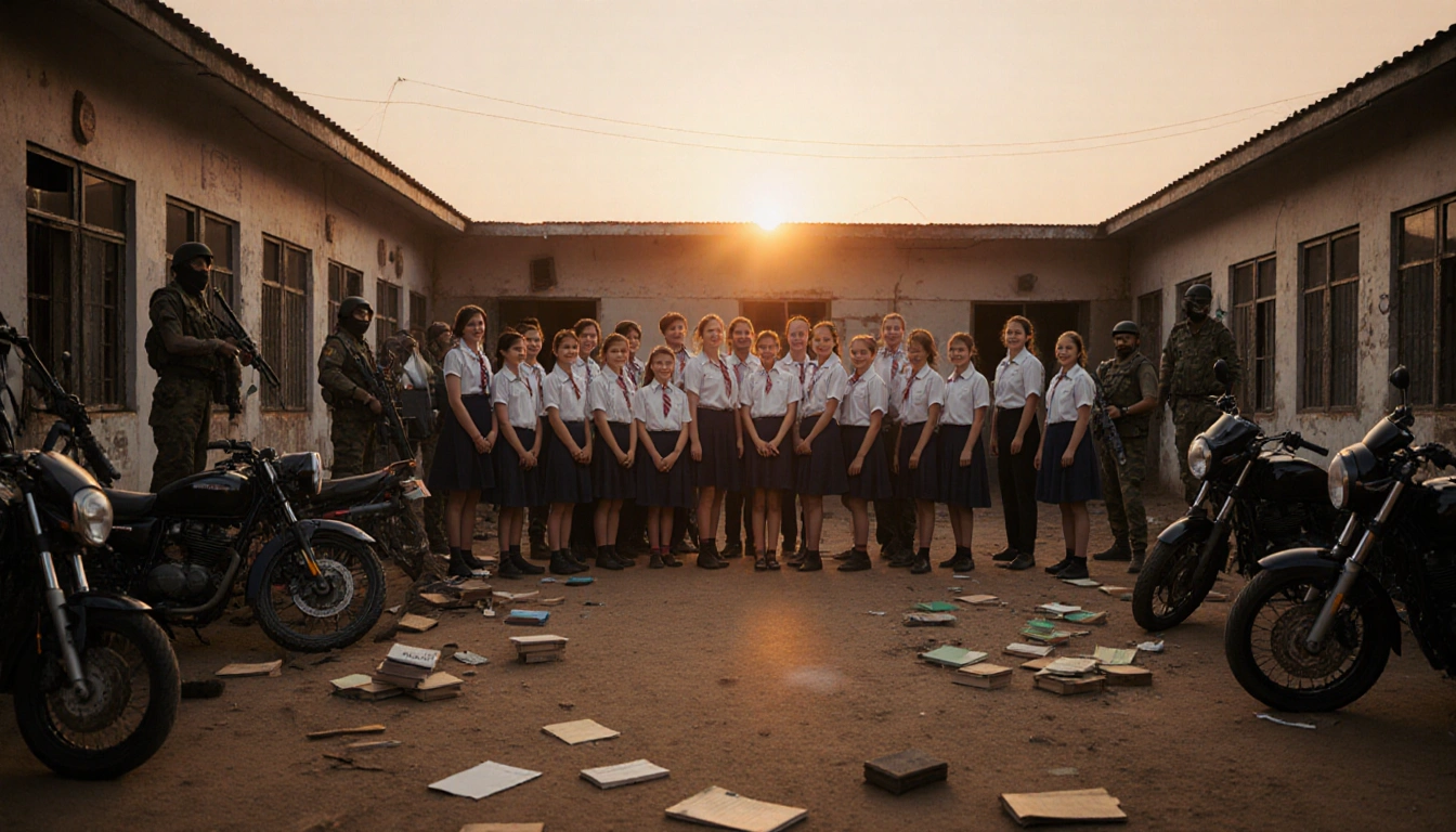 Teachers and children stand together with hopeful faces while motorcycles lie in front and orange sunset bathes courtyard.