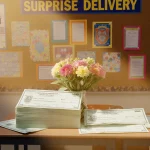 Table displays checks with golden light and a bouquet in a school hallway celebrating grant delivery and gratitude.