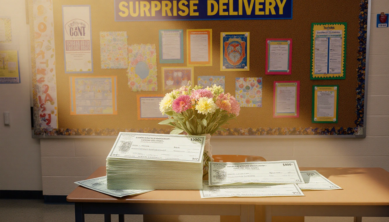 Table displays checks with golden light and a bouquet in a school hallway celebrating grant delivery and gratitude.
