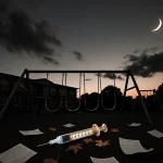 Rusted vaccine syringe lies abandoned amid swings and slides with fluttering vaccination records and a crescent moon above a