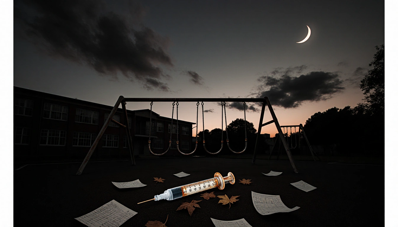 Rusted vaccine syringe lies abandoned amid swings and slides with fluttering vaccination records and a crescent moon above a