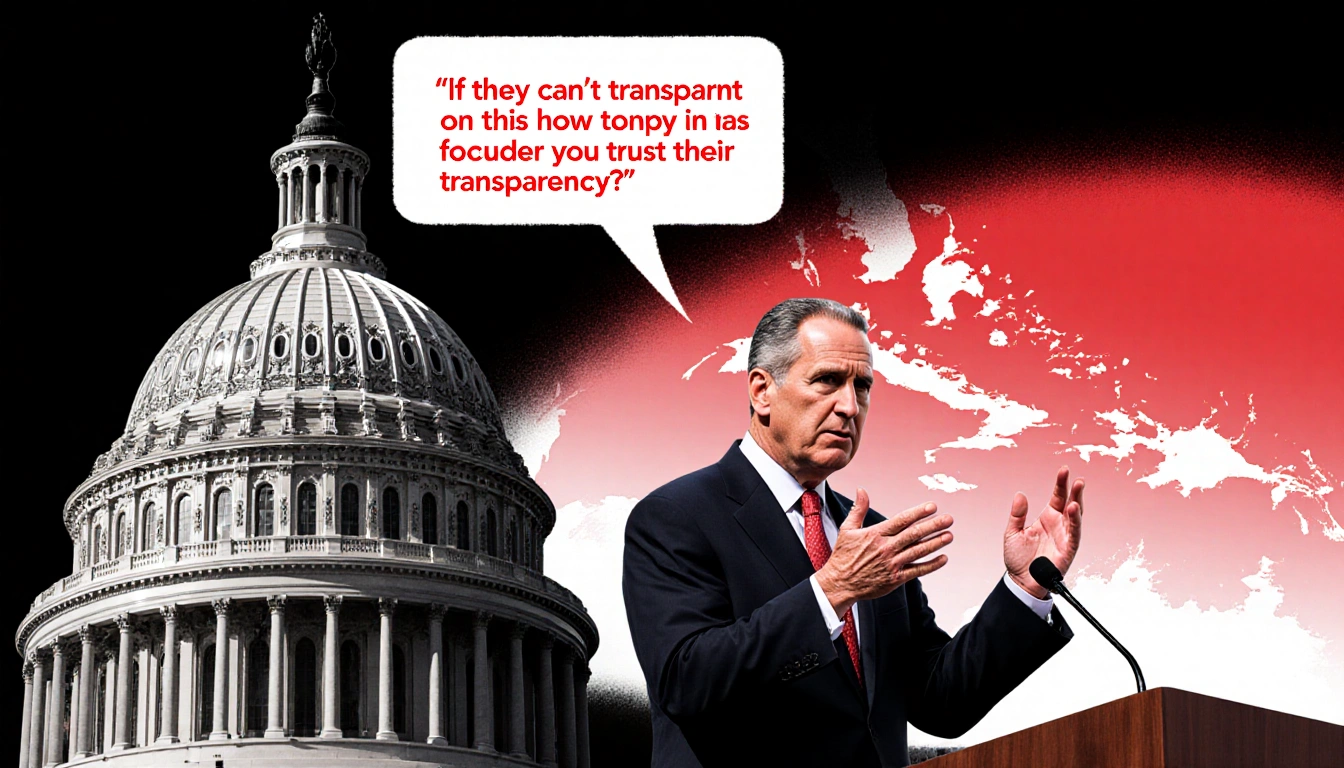 Senator Chuck Schumer speaking at a podium with Capitol and red-filtered map for transparency.