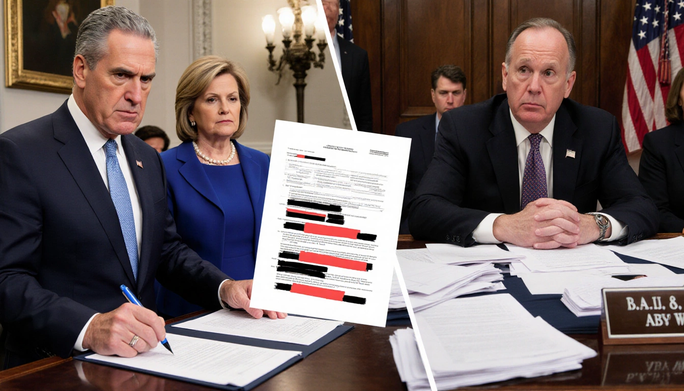 Schumer holding a pen with Clark beside him near a partially redacted file while Blanche looks concerned with papers