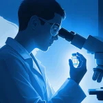 Scientist holding a vaccine vial with blue light halo near microscope and bird wing outline.