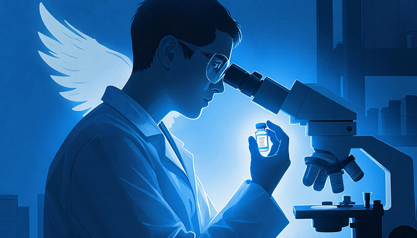 Scientist holding a vaccine vial with blue light halo near microscope and bird wing outline.