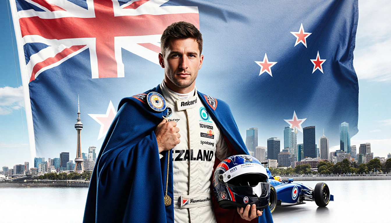 Scott Dixon holding a knighthood badge with NZ flag and Auckland skyline in background car nearby