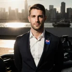 Scott Dixon standing beside a sleek black racing car with a New Zealand flag pin and Auckland waterfront backdrop