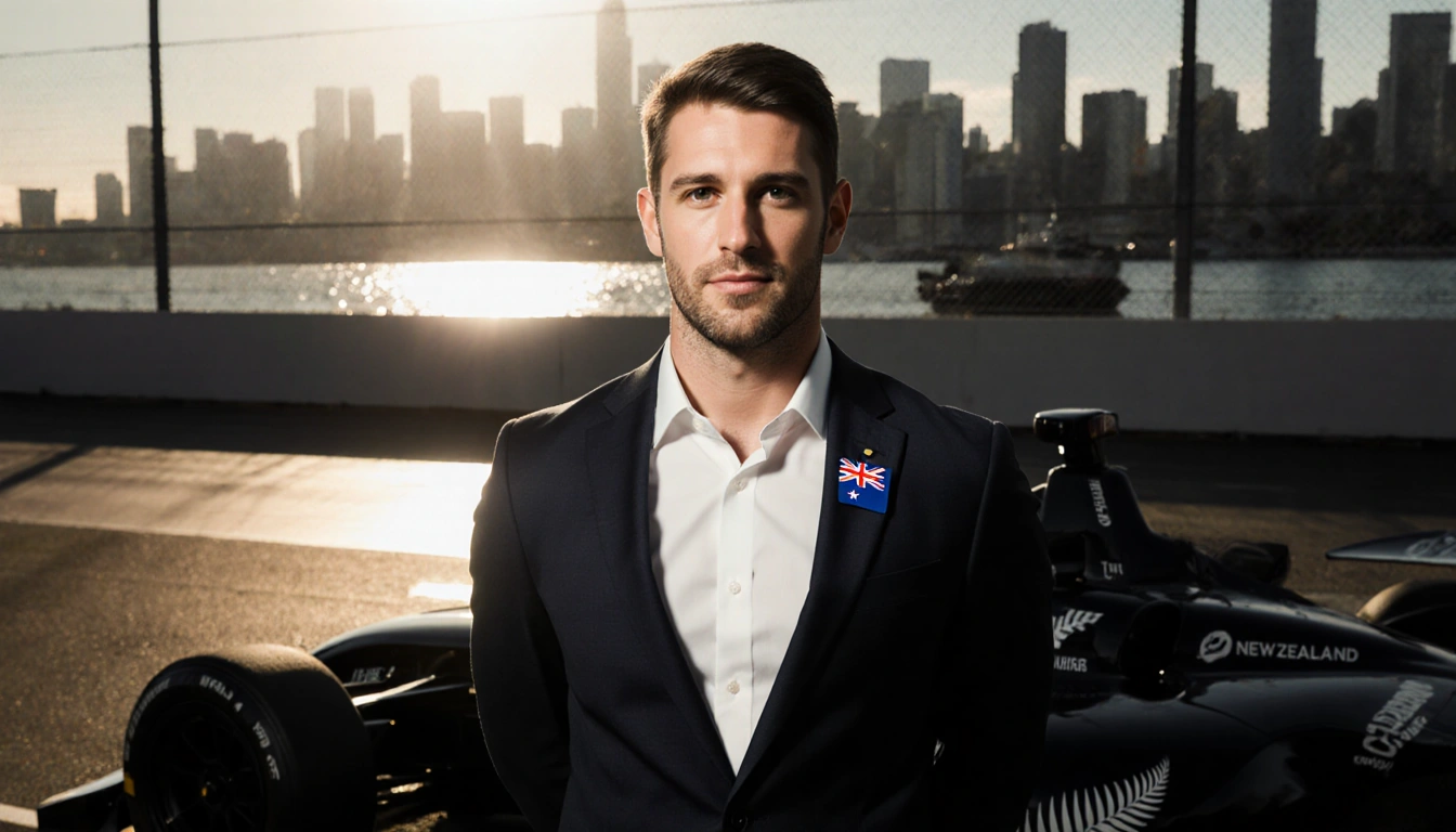 Scott Dixon standing beside a sleek black racing car with a New Zealand flag pin and Auckland waterfront backdrop