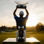 Scottie Scheffler raising PGA trophy aloft with arms raised and sunset-lit golf course behind polished trophy case.