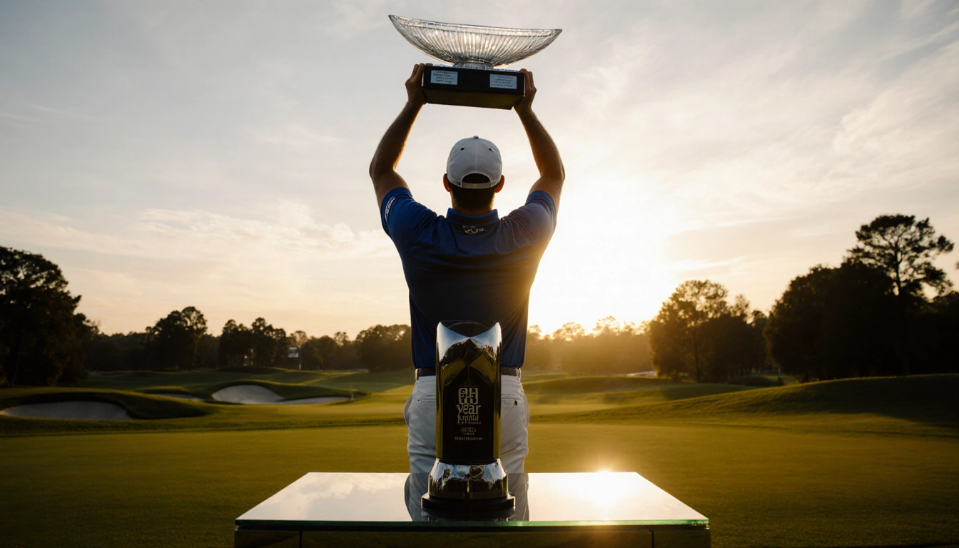 Scottie Scheffler raising PGA trophy aloft with arms raised and sunset-lit golf course behind polished trophy case.