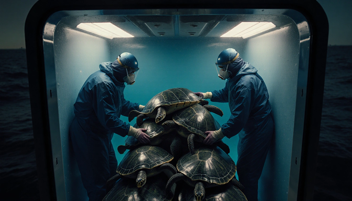 Two handlers loading sea turtles into dimly lit container with blue gradient and warm edge glow