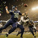 Seahawks quarterback throws to receiver with Rams defender lunging and stadium lights flashing confetti overhead