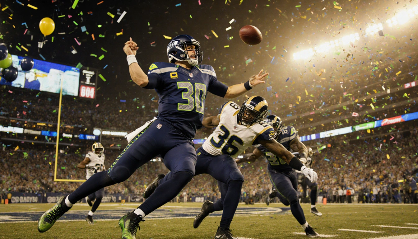 Seahawks quarterback throws to receiver with Rams defender lunging and stadium lights flashing confetti overhead