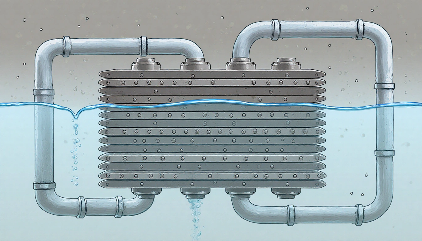 Heat exchanger exchanging fluid with clear water loop while sediment particles drift in background.
