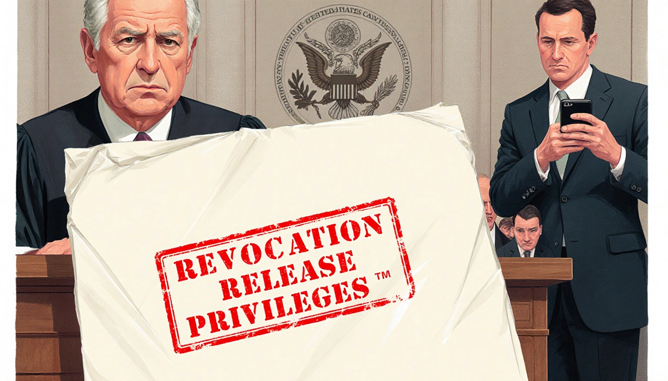 Judge Wagner looks solemn with a petition 'Revocation of Release Privileges' on his bench a state seal as lawyer checks phone