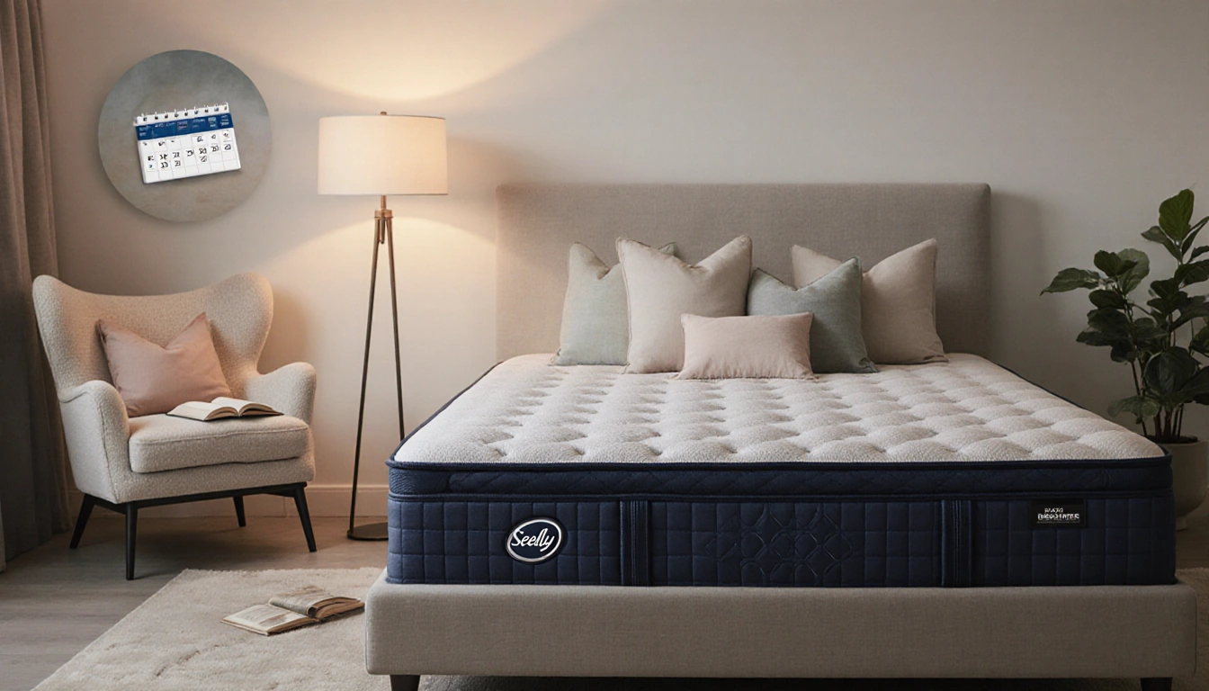 Sealy mattress rests on a minimalist bed with soothing pillows and warm lighting.
