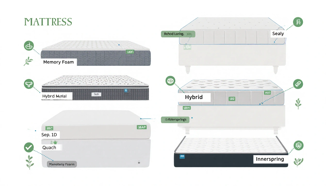 Three Sealy mattresses arranged with labels showing memory foam and hybrid and innerspring styles on neutral background.