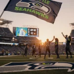 Fans high‑fiving in Seattle Seahawks gear with the 12th Man flag waving and the scoreboard reading 27-10.
