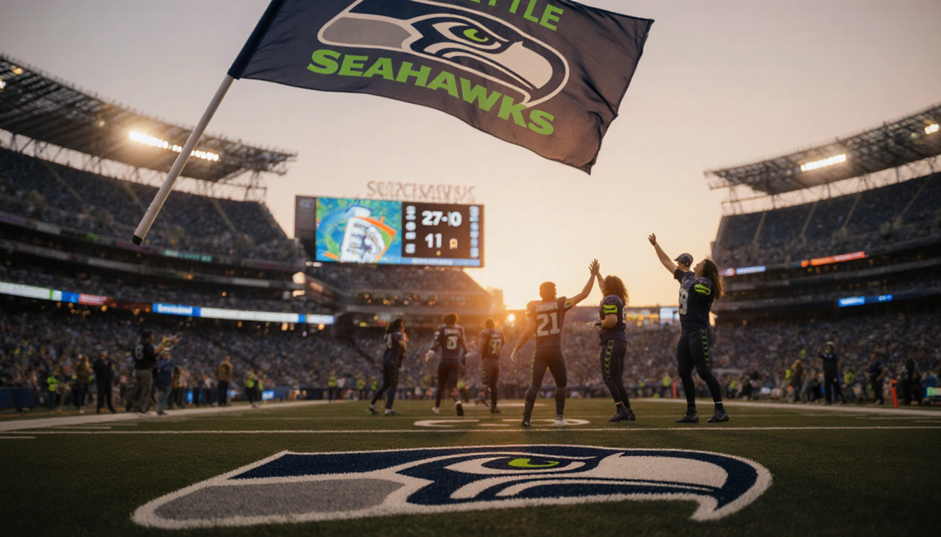 Fans high‑fiving in Seattle Seahawks gear with the 12th Man flag waving and the scoreboard reading 27-10.