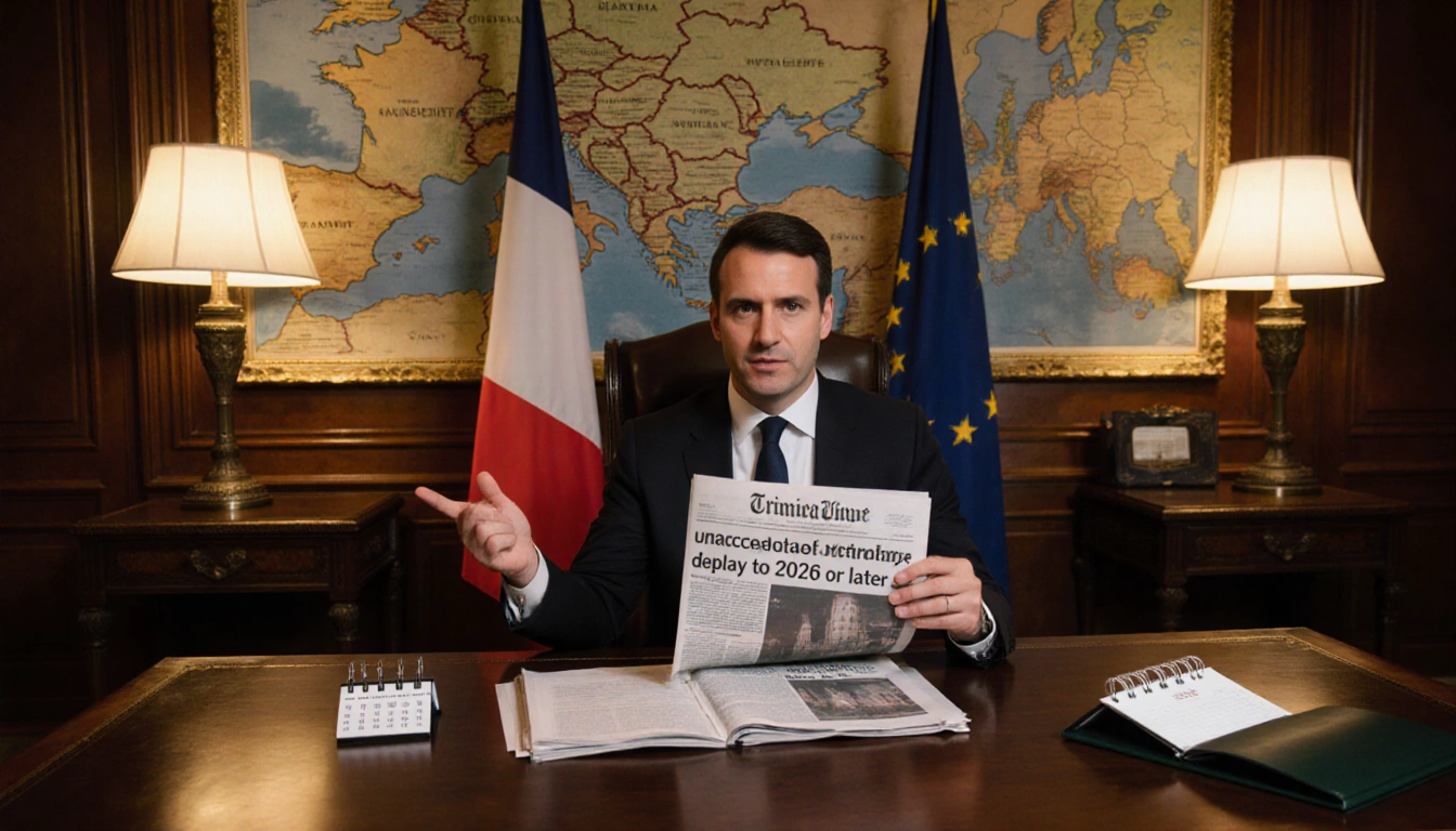 Prime Minister Lecornu holds newspaper with headline unacceptable while gesturing to 2026 calendar with French flag backgroun