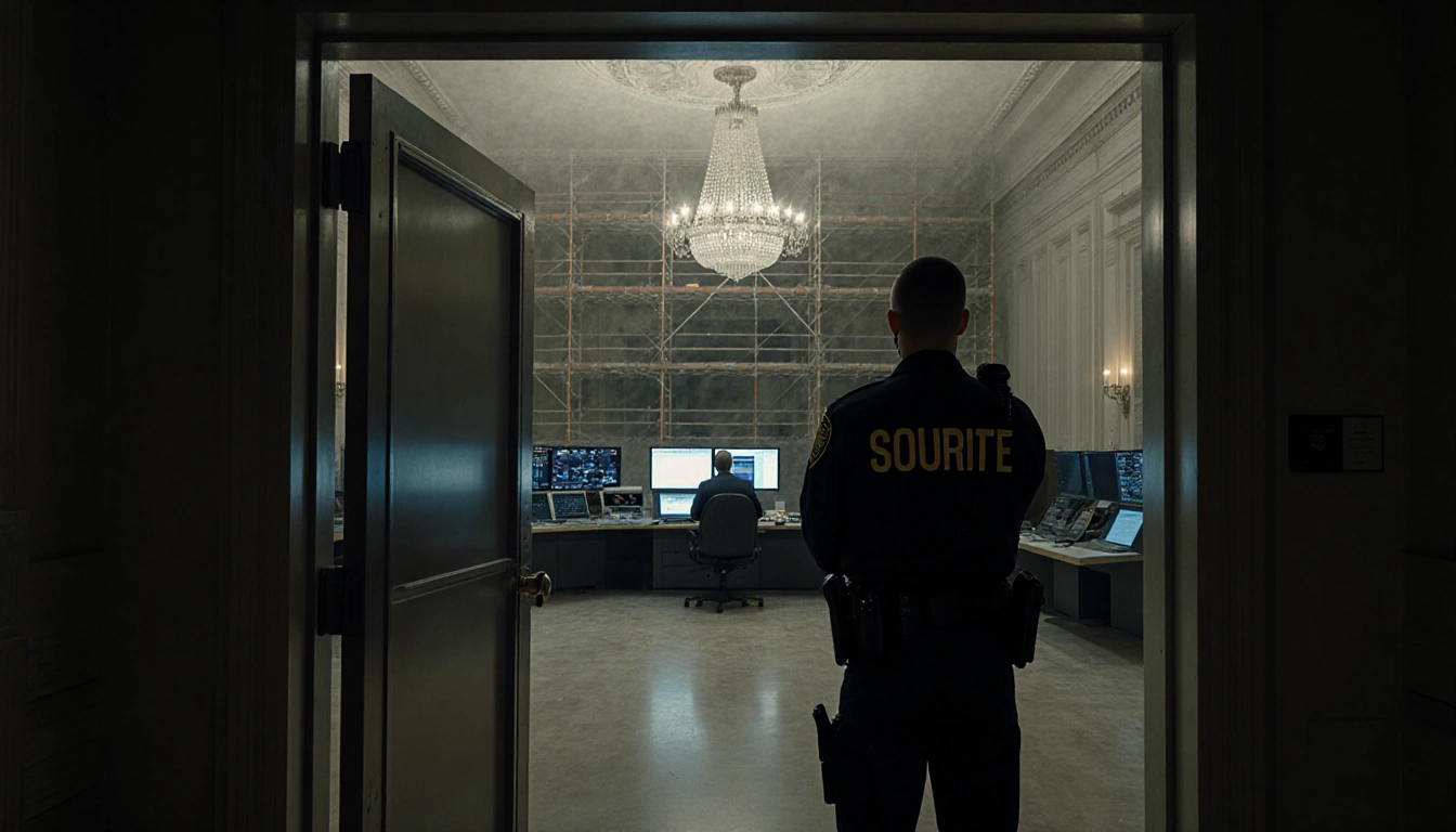 Secret Service agent standing guard with bunker door ajar revealing tech equipment and scaffolding above ballroom.