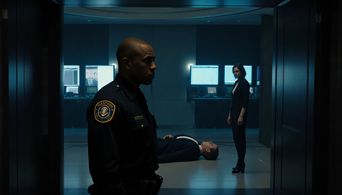 Secret Service agent stands at government building entrance with president's lifeless body on floor and glowing surveillance 