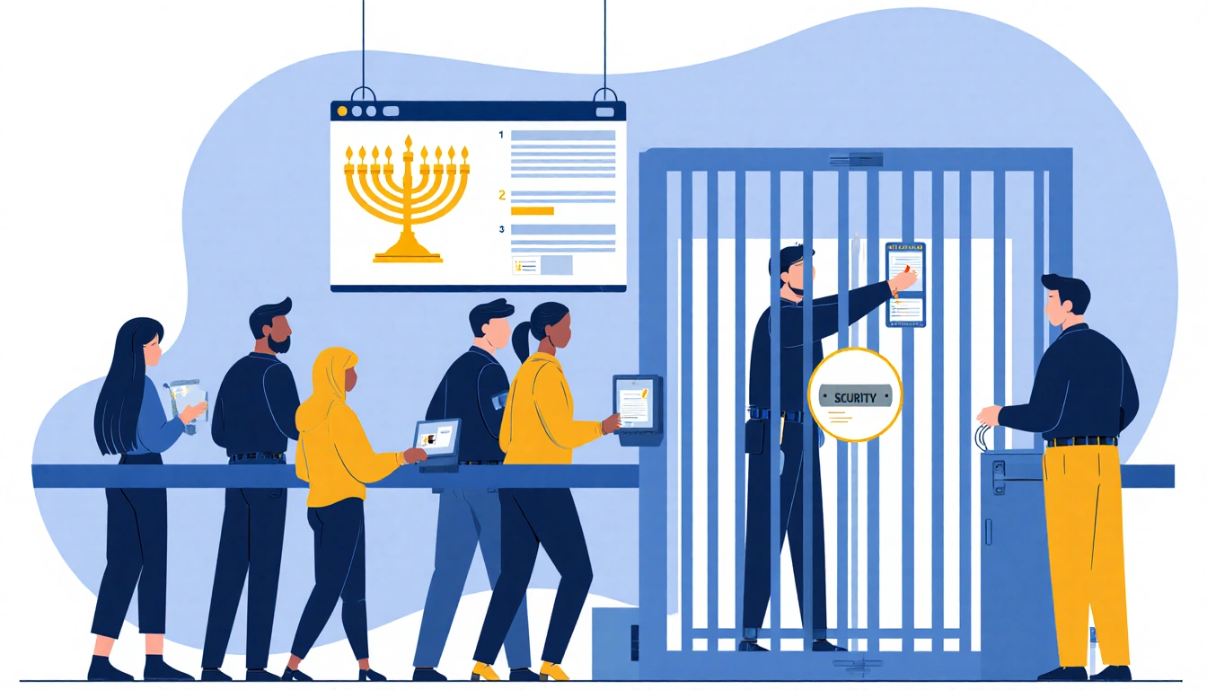 Security guard checking IDs with a line of people at a locked gate and a subtle menorah in the background