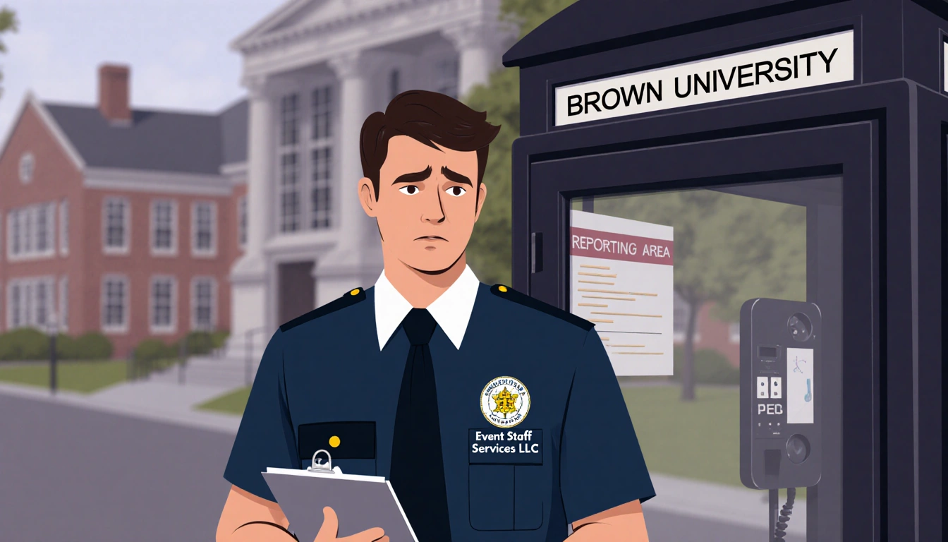 Security vendor in Event Staff uniform holds a clipboard with a concerned look near a phone booth on campus.