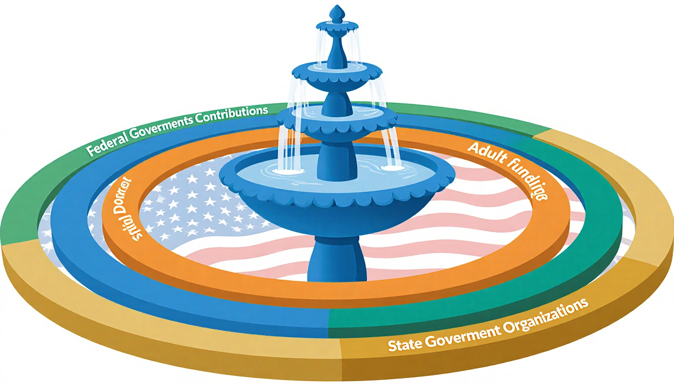 Illustration shows a central fountain surrounded by four concentric rings with blue federal orange gold green colors and a fa