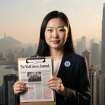 Selina Cheng standing confidently with a clipboard showing a WSJ clipping and the Hong Kong skyline behind her.