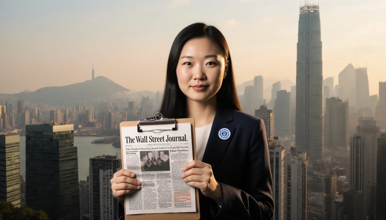 Selina Cheng standing confidently with a clipboard showing a WSJ clipping and the Hong Kong skyline behind her.