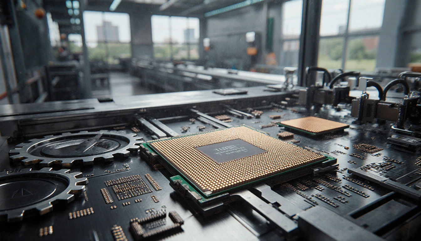 Semiconductor manufacturing facility producing chips with sleek metallic lines and vibrant circuit board imagery.