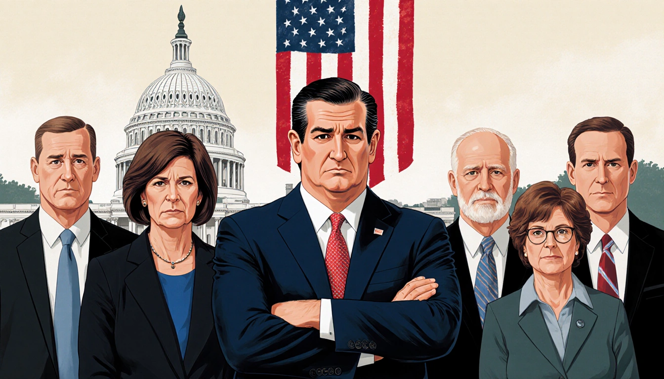 Sen. Cruz speaks with stern face and crossed arms with flag and Capitol Hill backdrop and families nearby