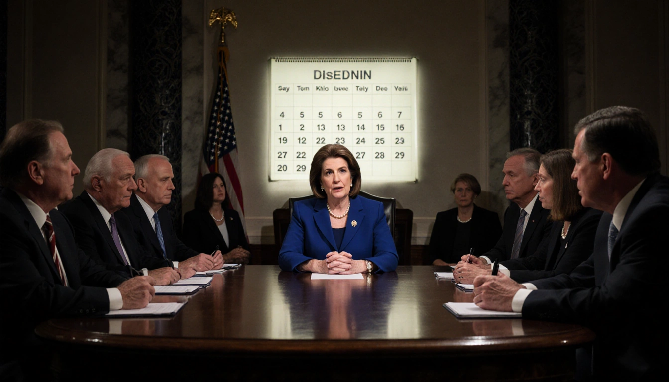 Senator Collins speaking at center of Senate chamber with glowing calendar marking ACA deadline