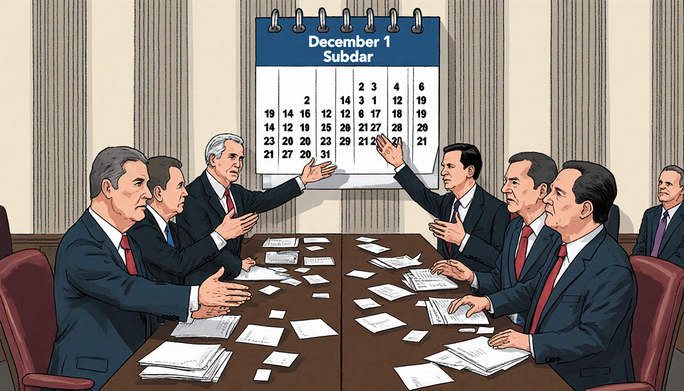 Republican senators extending hands with a Democratic bill and a calendar marking Dec 31 deadline