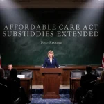 Senator speaking at podium with Democrats opposite Republicans in Senate chamber banner says Affordable Care Act