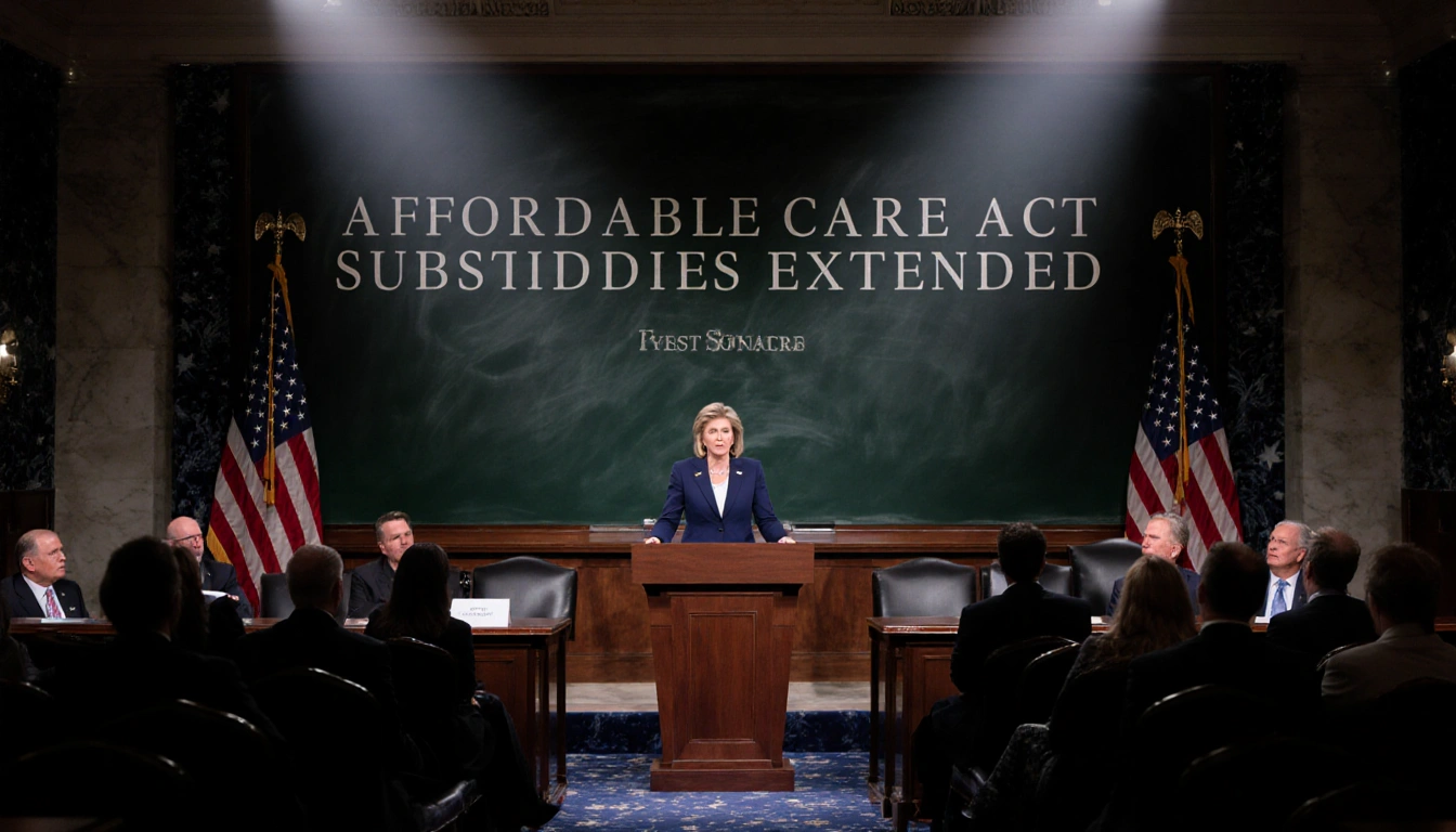 Senator speaking at podium with Democrats opposite Republicans in Senate chamber banner says Affordable Care Act